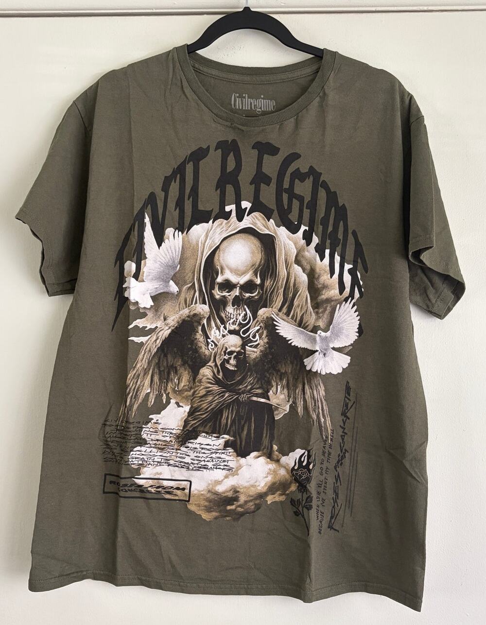 Civil Regime Roses From Concrete Reaper Olive Green Graphic Gym Tee L Distressed